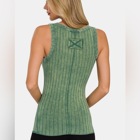Zenana Washed Ribbed Half Snap Henry Tank - Picture 3 of 3